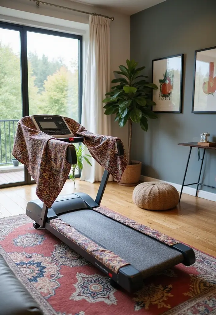 27 Treadmill in Living Room Ideas That Fit Fitness Into Your Space - 12. Artistic Treadmill Cover