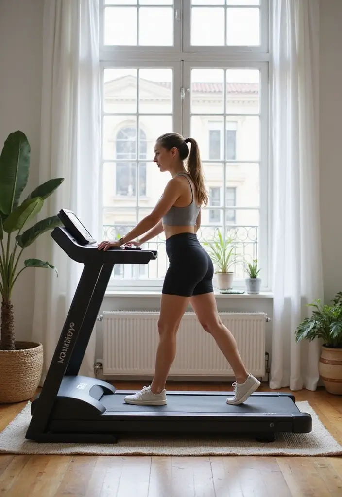 27 Treadmill in Living Room Ideas That Fit Fitness Into Your Space - 14. Chic Folding Treadmill