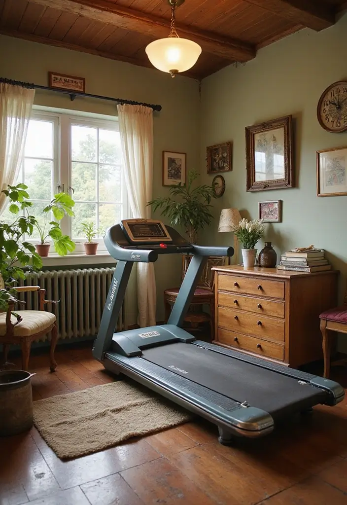 27 Treadmill in Living Room Ideas That Fit Fitness Into Your Space - 15. Vintage Decor with Treadmill