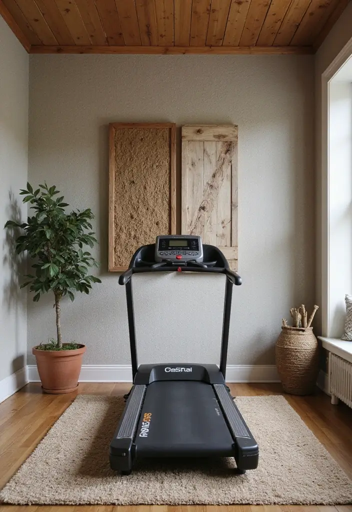 27 Treadmill in Living Room Ideas That Fit Fitness Into Your Space - 16. Textured Wall Decor