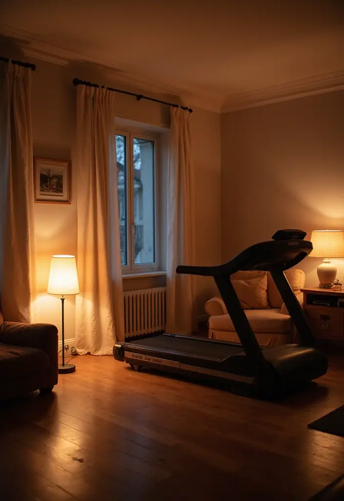 27 Treadmill in Living Room Ideas That Fit Fitness Into Your Space - 18. Soft Lighting Solutions
