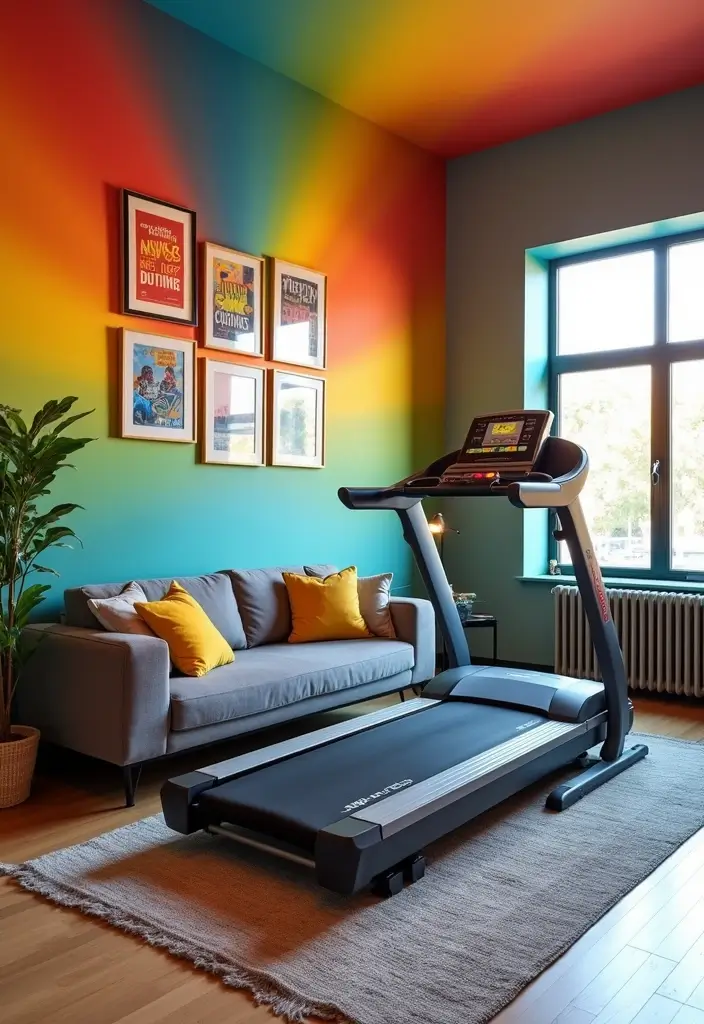 27 Treadmill in Living Room Ideas That Fit Fitness Into Your Space - 2. Colorful Accent Wall