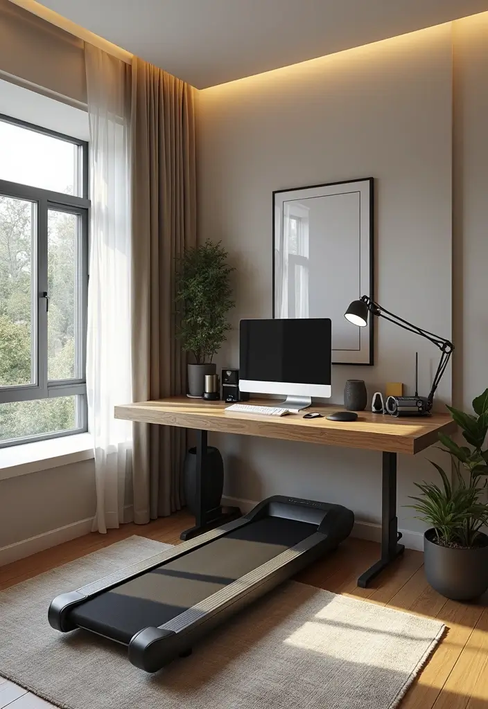 27 Treadmill in Living Room Ideas That Fit Fitness Into Your Space - 21. Elegant Home Office Treadmill