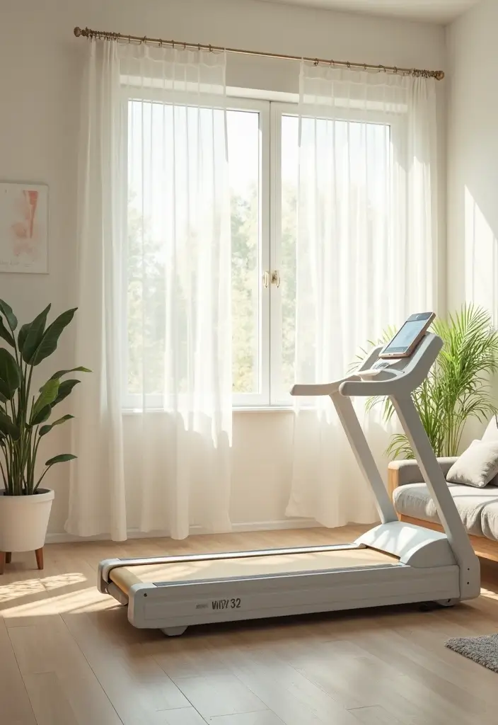 27 Treadmill in Living Room Ideas That Fit Fitness Into Your Space - 24. Bright and Breezy Decor