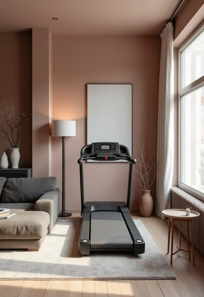 27 Treadmill in Living Room Ideas That Fit Fitness Into Your Space - 26. Monochromatic Treadmill Design
