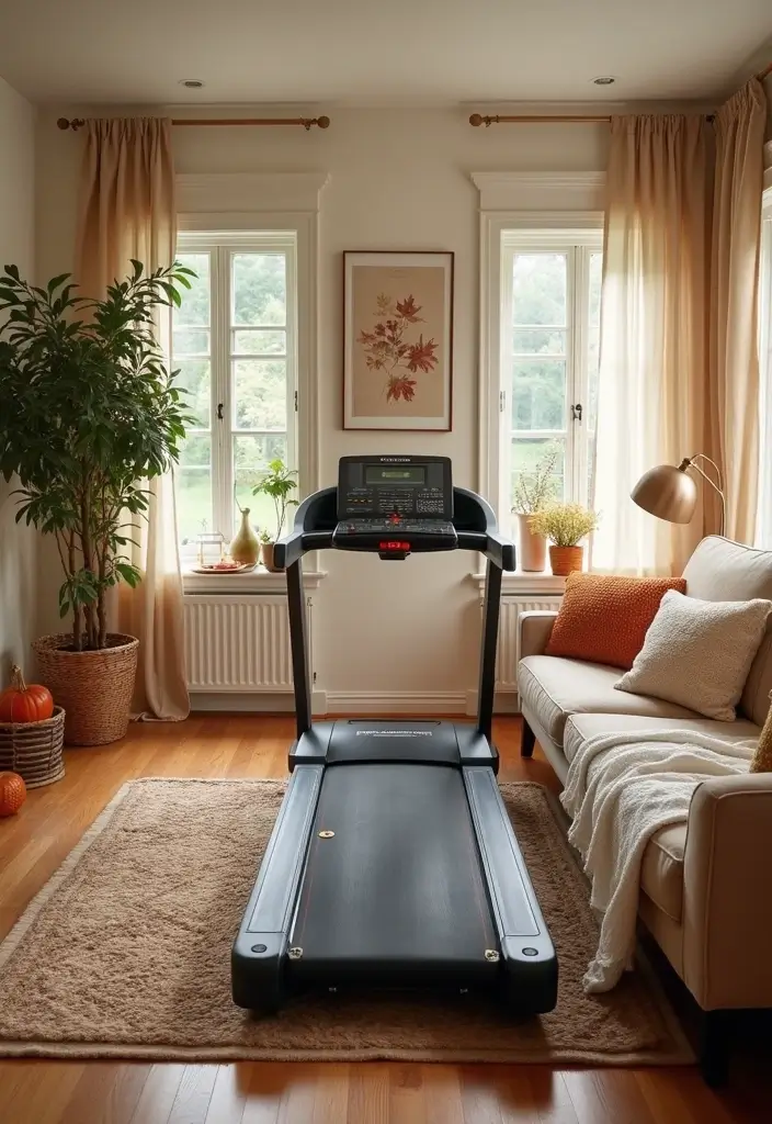 27 Treadmill in Living Room Ideas That Fit Fitness Into Your Space - 27. Seasonal Decor Changes