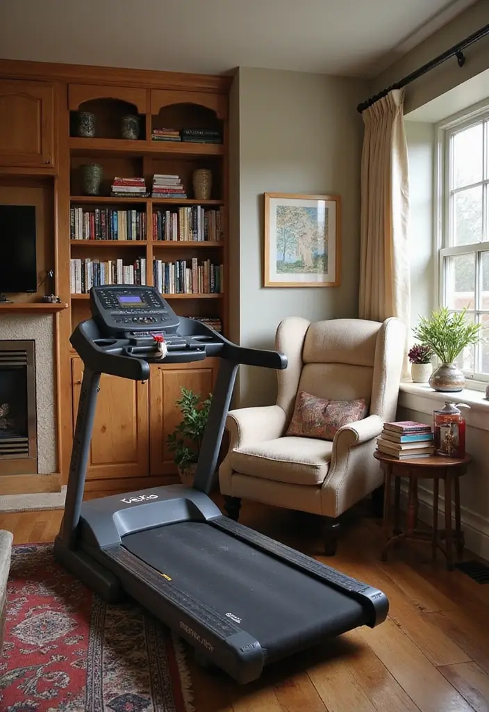 27 Treadmill in Living Room Ideas That Fit Fitness Into Your Space - 3. Cozy Reading Nook with Treadmill