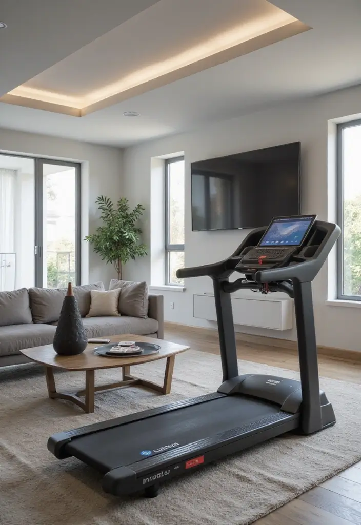 27 Treadmill in Living Room Ideas That Fit Fitness Into Your Space - 4. Treadmill with Smart Tech Integration
