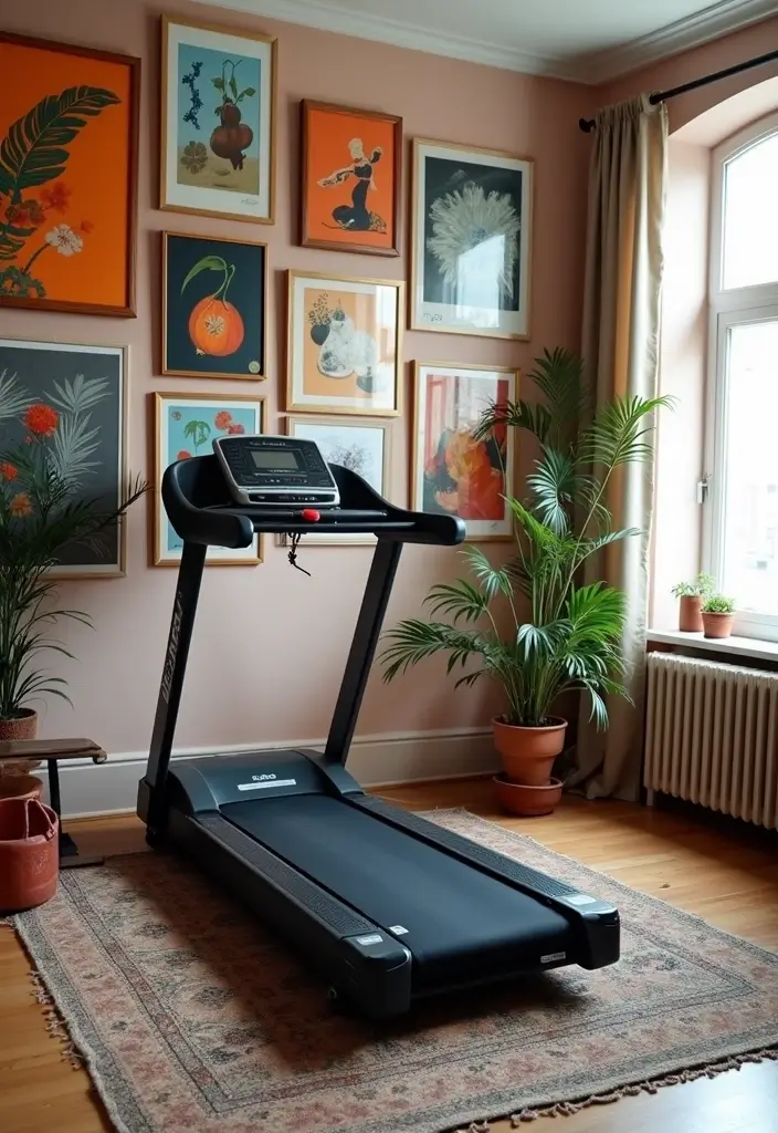 27 Treadmill in Living Room Ideas That Fit Fitness Into Your Space - 6. Artistic Display with Treadmill