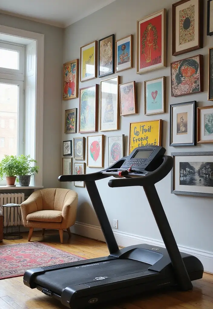 27 Treadmill in Living Room Ideas That Fit Fitness Into Your Space - 7. Treadmill Under a Gallery Wall