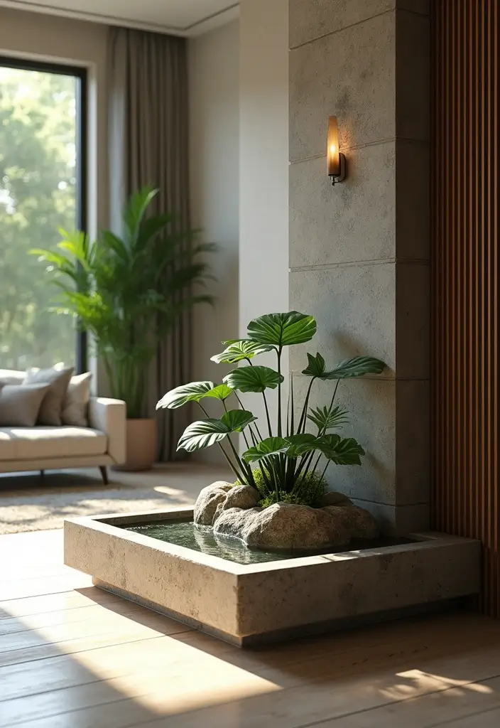28 Asian Living Room Ideas That Feel Minimal and Harmonious - 11. Indoor Water Features
