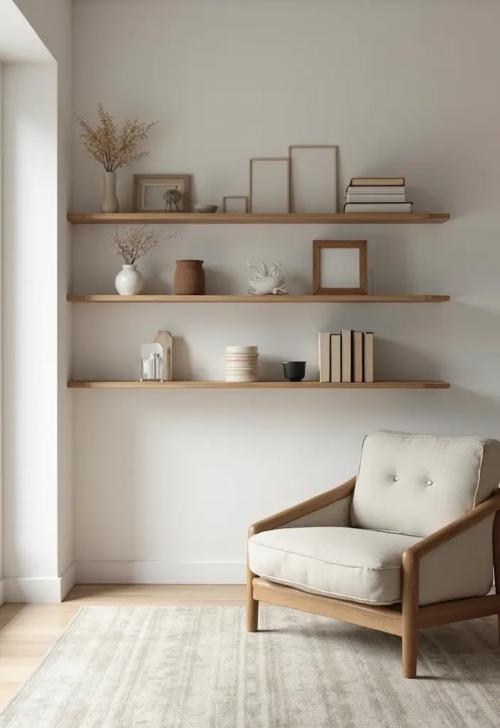28 Asian Living Room Ideas That Feel Minimal and Harmonious - 13. Minimalist Shelving