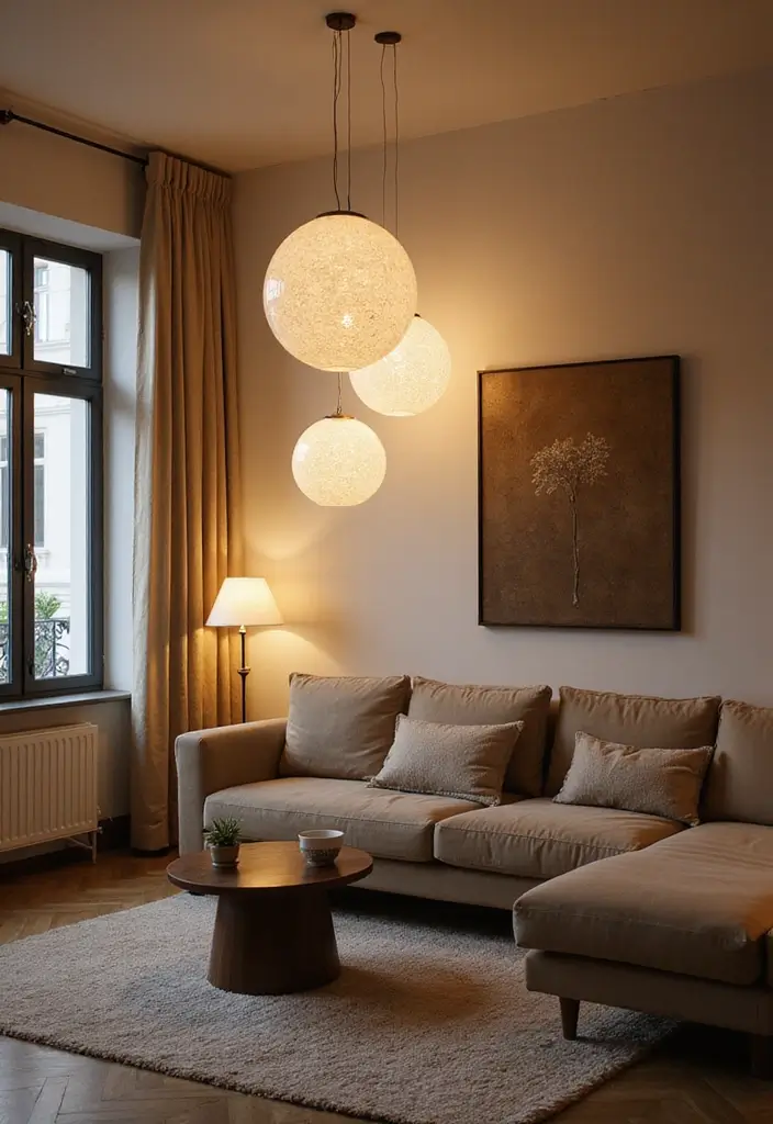 28 Asian Living Room Ideas That Feel Minimal and Harmonious - 20. Ethereal Lighting Fixtures