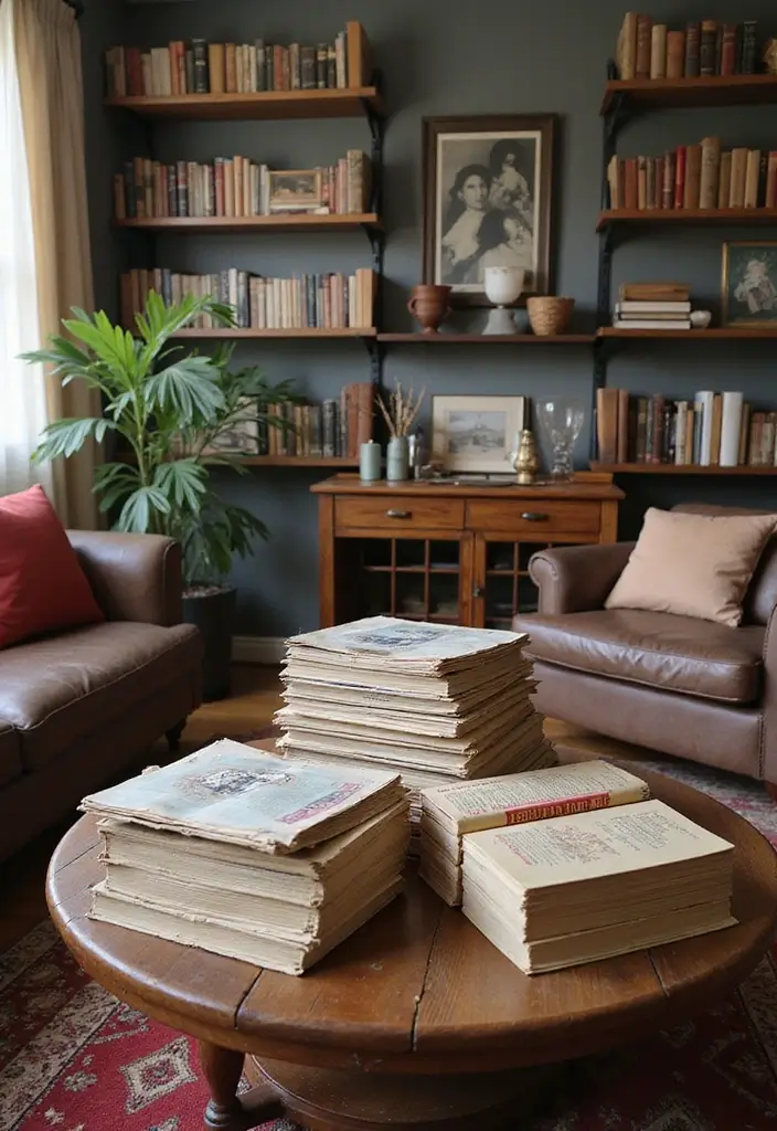 28 Boho Vintage Living Room Ideas That Feel Relaxed and Timeless - 12. Vintage Books and Magazines