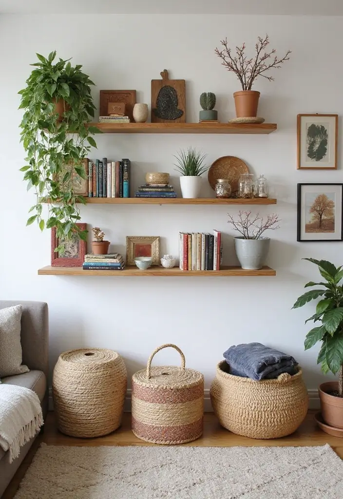 28 Boho Vintage Living Room Ideas That Feel Relaxed and Timeless - 14. Open Shelving