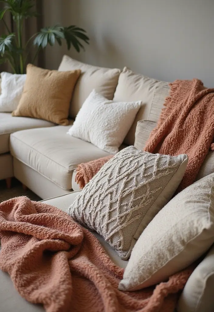 28 Boho Vintage Living Room Ideas That Feel Relaxed and Timeless - 22. Textured Pillows and Throws