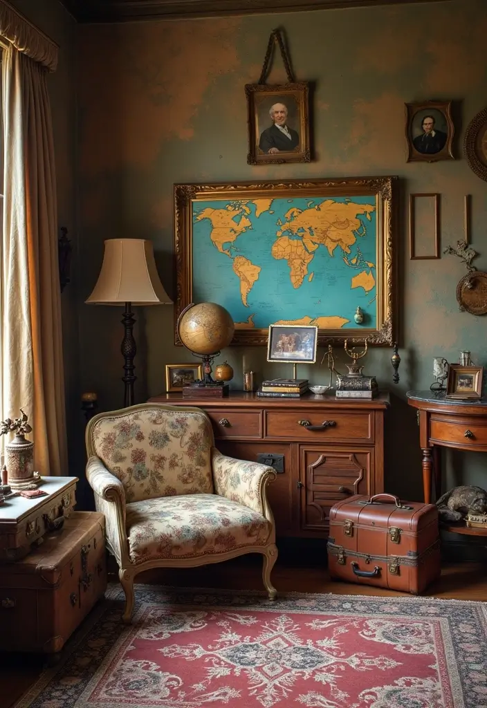 28 Boho Vintage Living Room Ideas That Feel Relaxed and Timeless - 25. Vintage Travel Collectibles