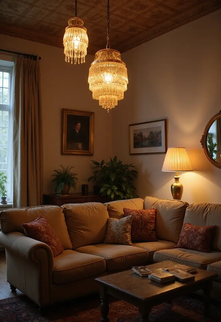 28 Boho Vintage Living Room Ideas That Feel Relaxed and Timeless - 8. Vintage Lighting Fixtures