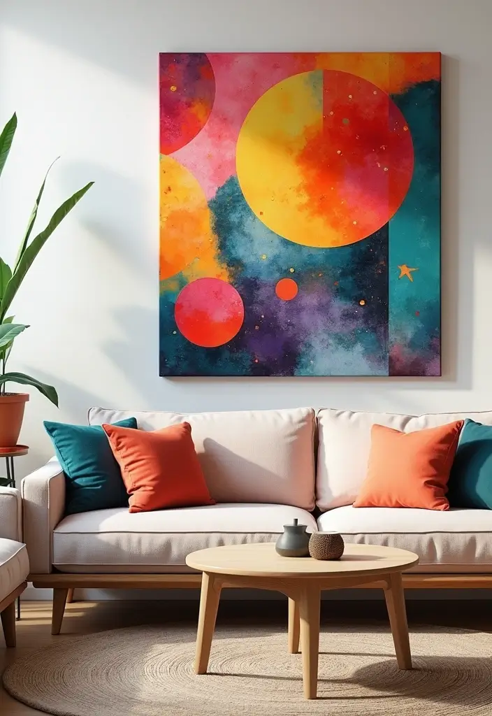 28 Canvas Painting Ideas for Living Room That Add Artful Flair - 15. Vibrant Collage of Shapes