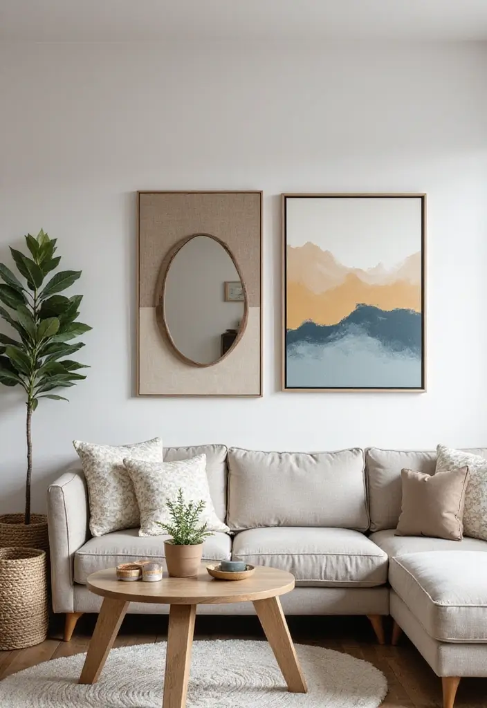 28 Canvas Painting Ideas for Living Room That Add Artful Flair - 26. Layering with Mirrors