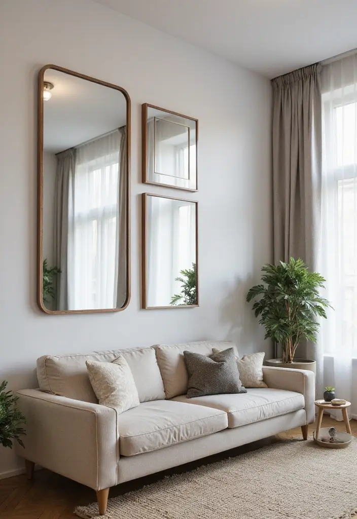 28 City Apartment Living Room Ideas That Maximize Small Spaces - 19. Using Mirrors to Create Illusion