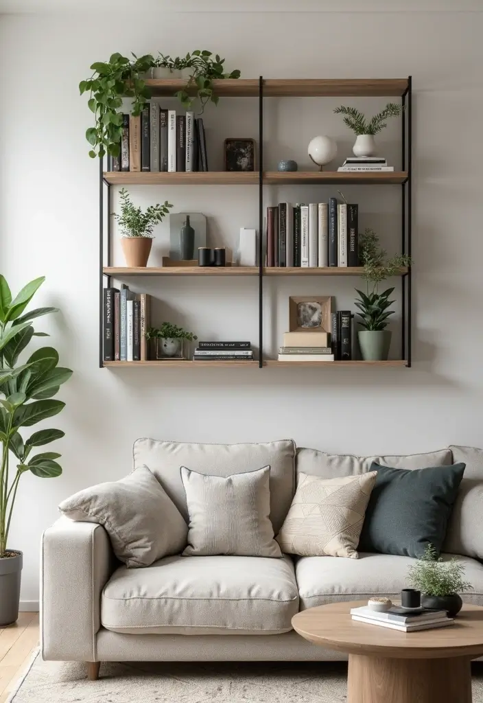 28 City Apartment Living Room Ideas That Maximize Small Spaces - 3. Wall-Mounted Shelves