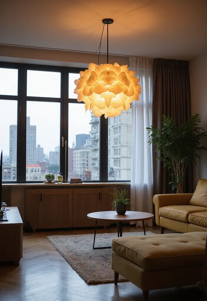 28 City Apartment Living Room Ideas That Maximize Small Spaces - 8. Statement Lighting