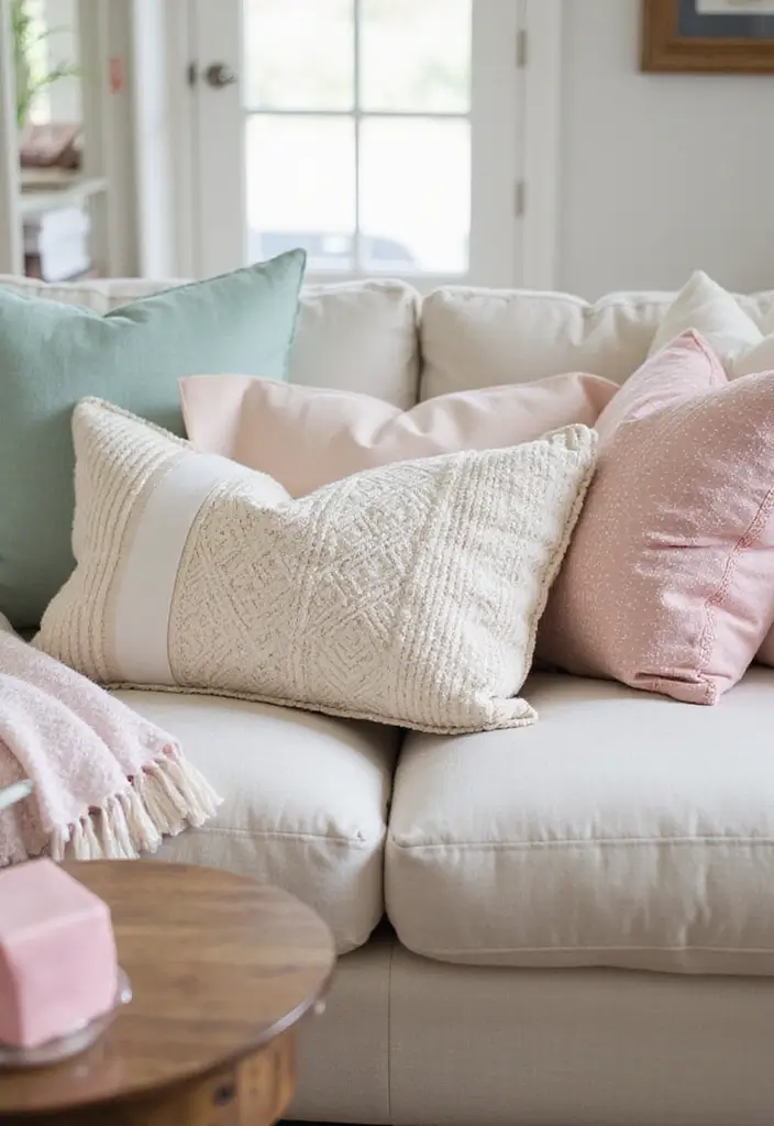 28 Easter Living Room Decor Ideas That Add a Festive Touch - 1. Pastel Pillow Party