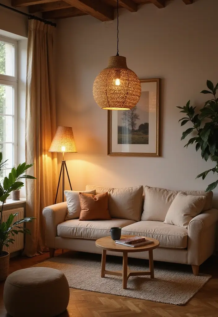 28 Living Room Natural Decor Ideas That Feel Fresh and Organic - 11. Soft Lighting with Natural Materials