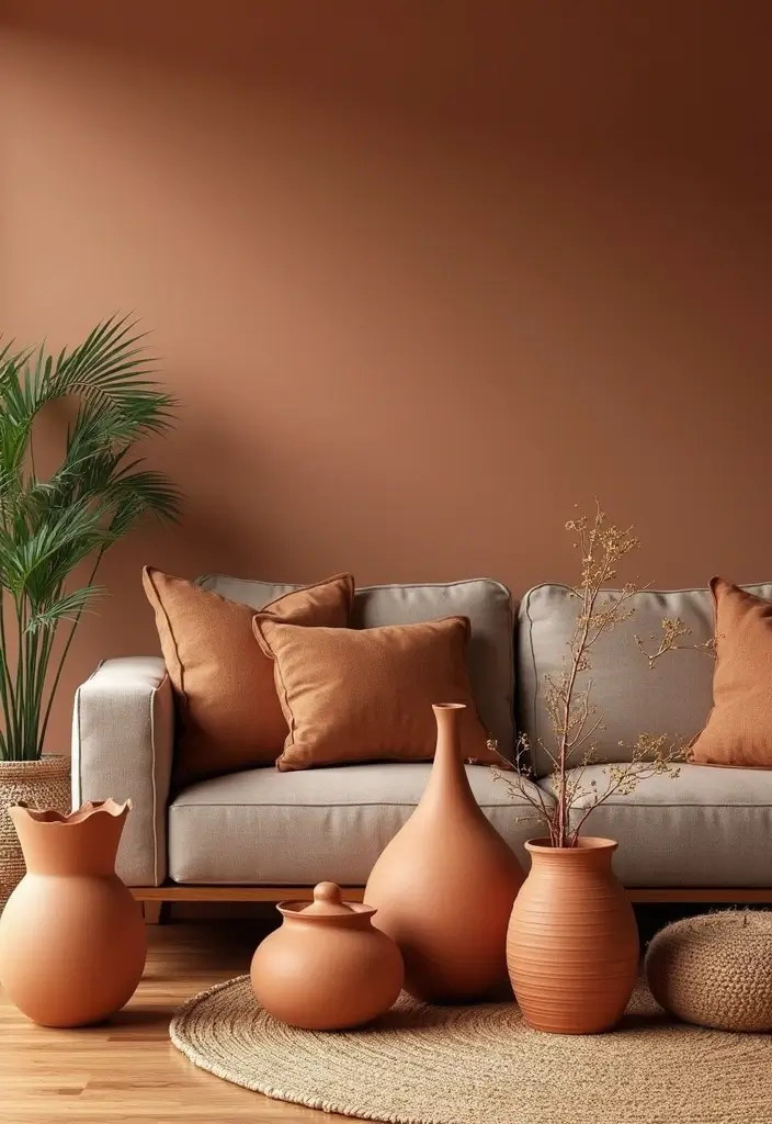 28 Living Room Natural Decor Ideas That Feel Fresh and Organic - 13. Clay and Terracotta Accents