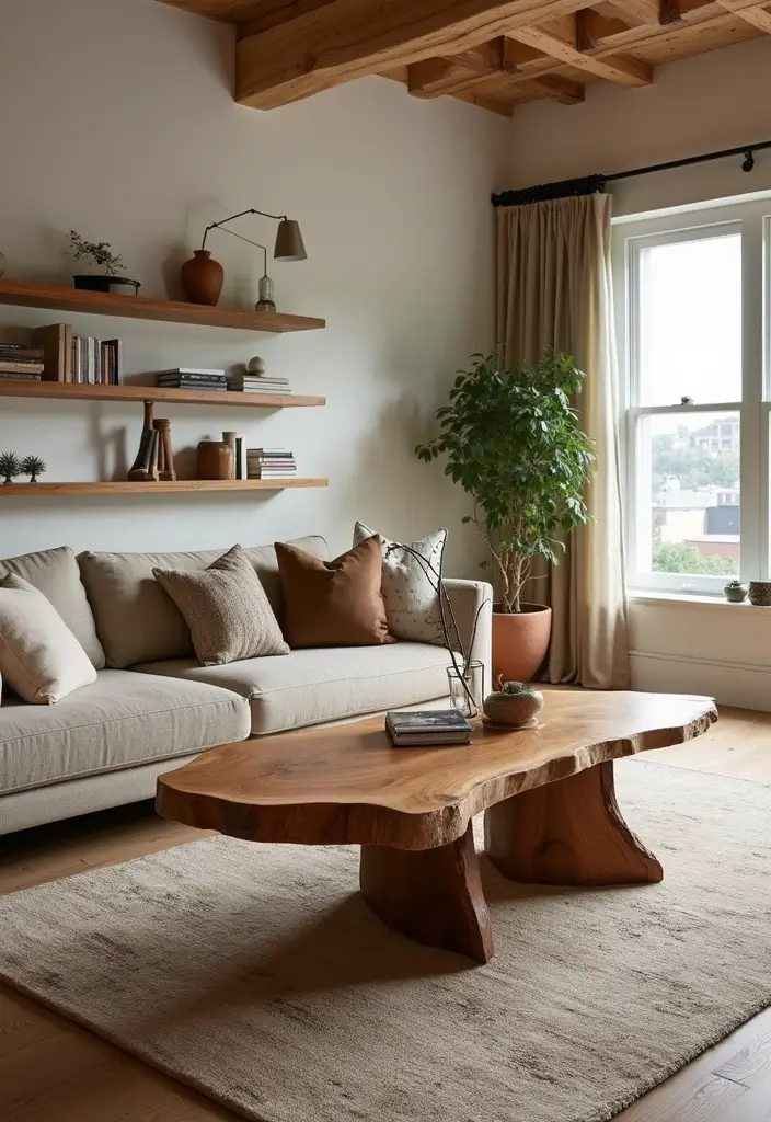 28 Living Room Natural Decor Ideas That Feel Fresh and Organic - 14. Live Edge Furniture