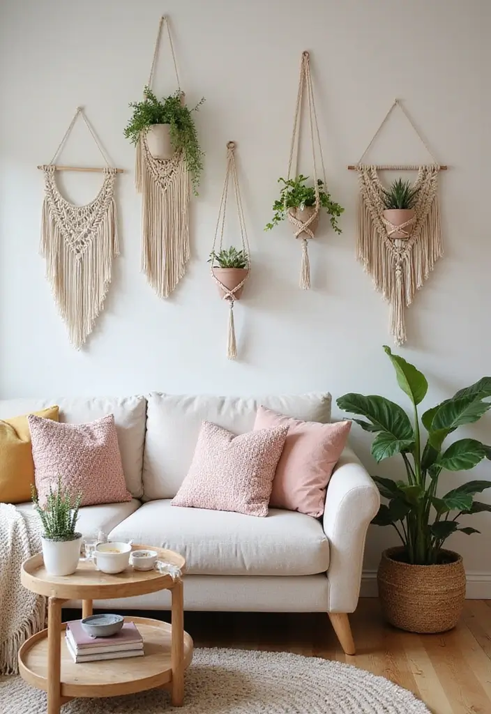 28 Living Room Natural Decor Ideas That Feel Fresh and Organic - 16. Hanging Macrame Decor