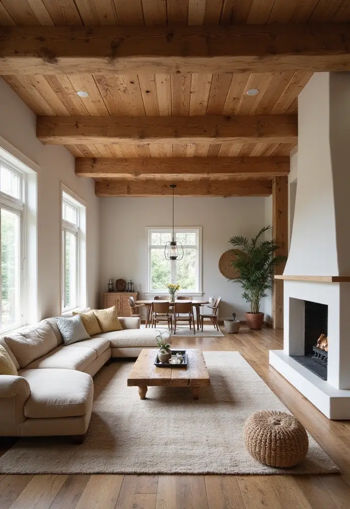 28 Living Room Natural Decor Ideas That Feel Fresh and Organic - 17. Natural Wood Beams