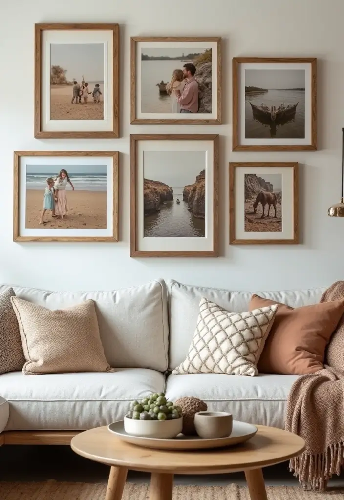 28 Living Room Natural Decor Ideas That Feel Fresh and Organic - 19. Personalized Photo Displays