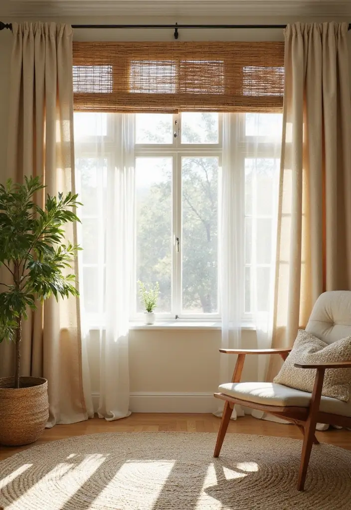 28 Living Room Natural Decor Ideas That Feel Fresh and Organic - 21. Natural Window Treatments