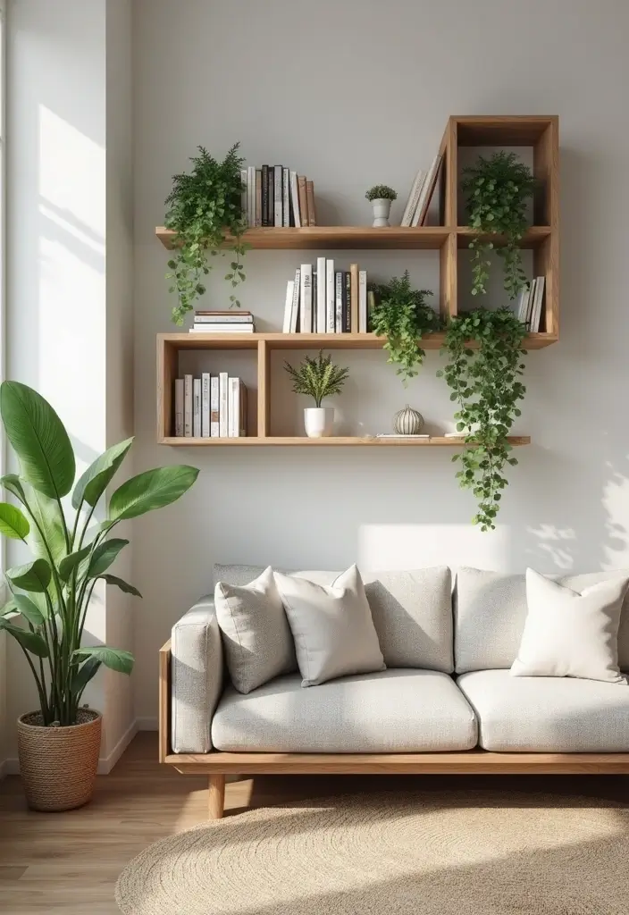 28 Living Room Natural Decor Ideas That Feel Fresh and Organic - 26. Utilizing Vertical Space