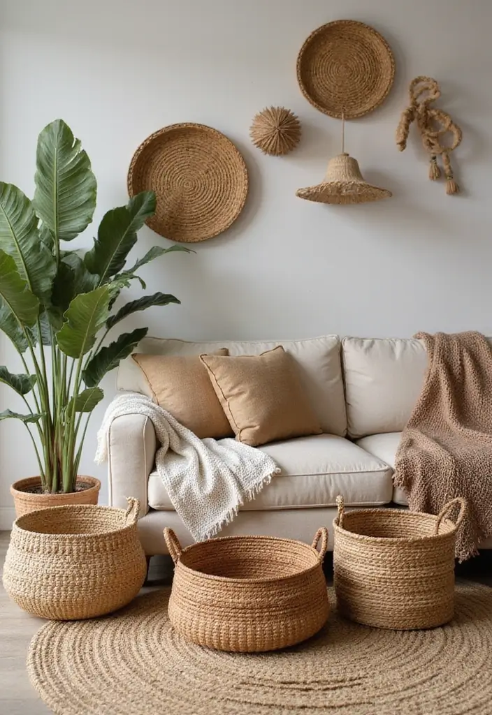 28 Living Room Natural Decor Ideas That Feel Fresh and Organic - 4. Woven Baskets for Storage