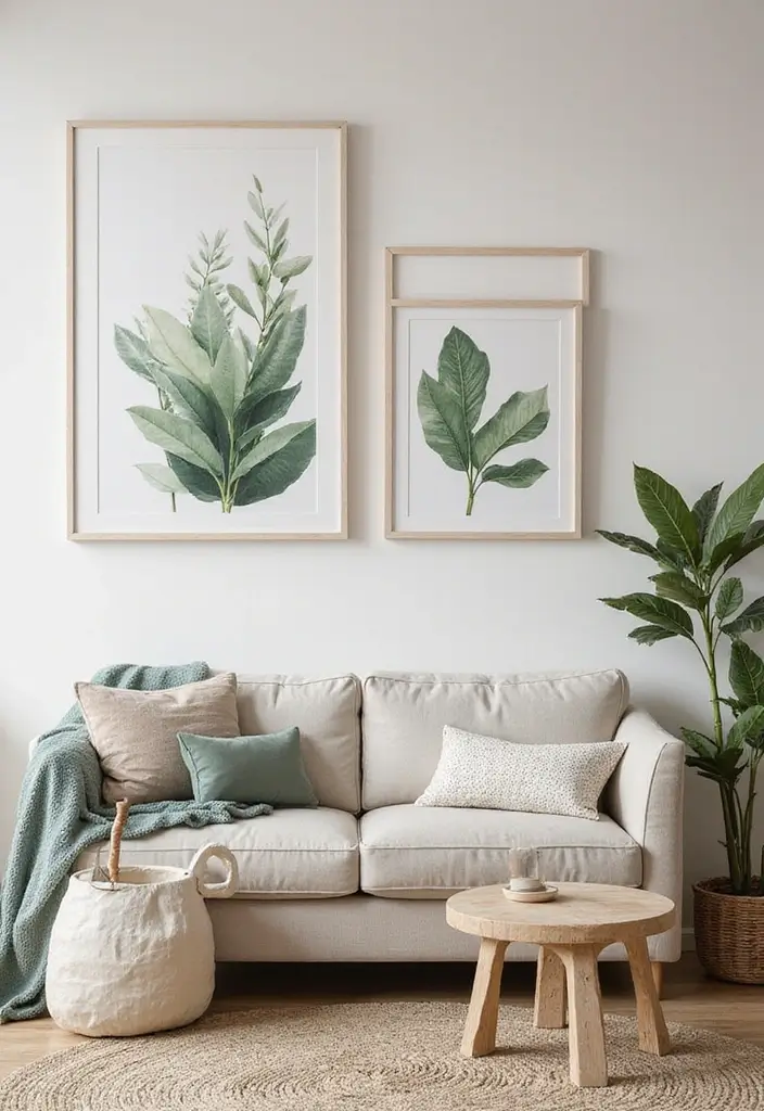 28 Living Room Natural Decor Ideas That Feel Fresh and Organic - 9. Nature-Inspired Artwork