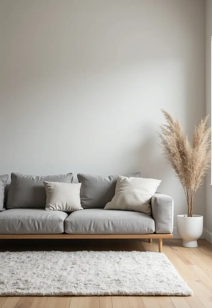 28 Living Room Rugs With Grey Couch Ideas That Feel Warm and Balanced - 12. Minimalist Approach