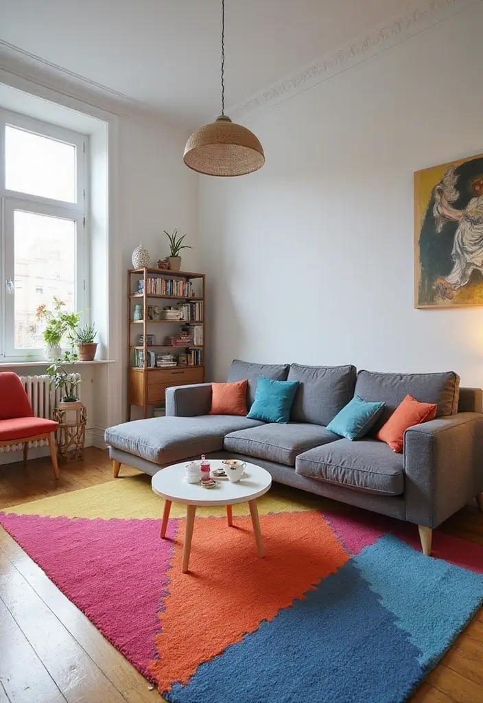 28 Living Room Rugs With Grey Couch Ideas That Feel Warm and Balanced - 13. Bold Color Blocking