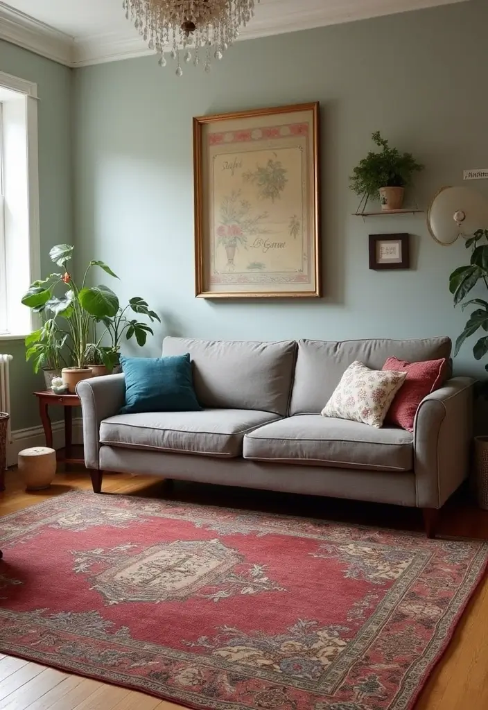 28 Living Room Rugs With Grey Couch Ideas That Feel Warm and Balanced - 14. Vintage Chic