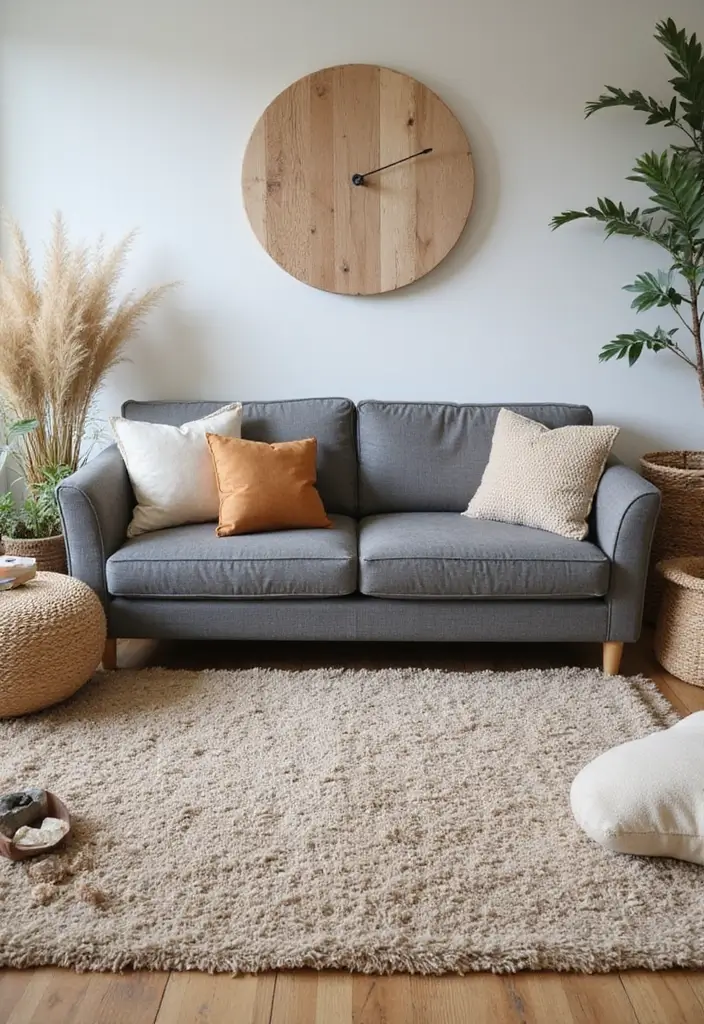 28 Living Room Rugs With Grey Couch Ideas That Feel Warm and Balanced - 16. Nature-Inspired Motifs