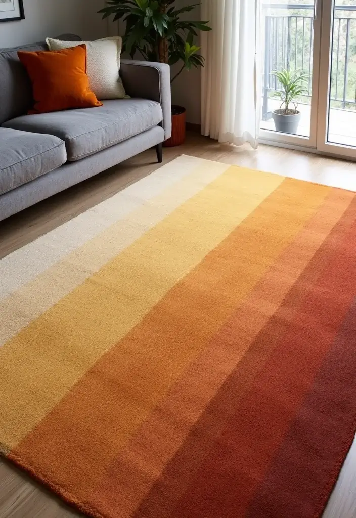 28 Living Room Rugs With Grey Couch Ideas That Feel Warm and Balanced - 17. Ombre Effects