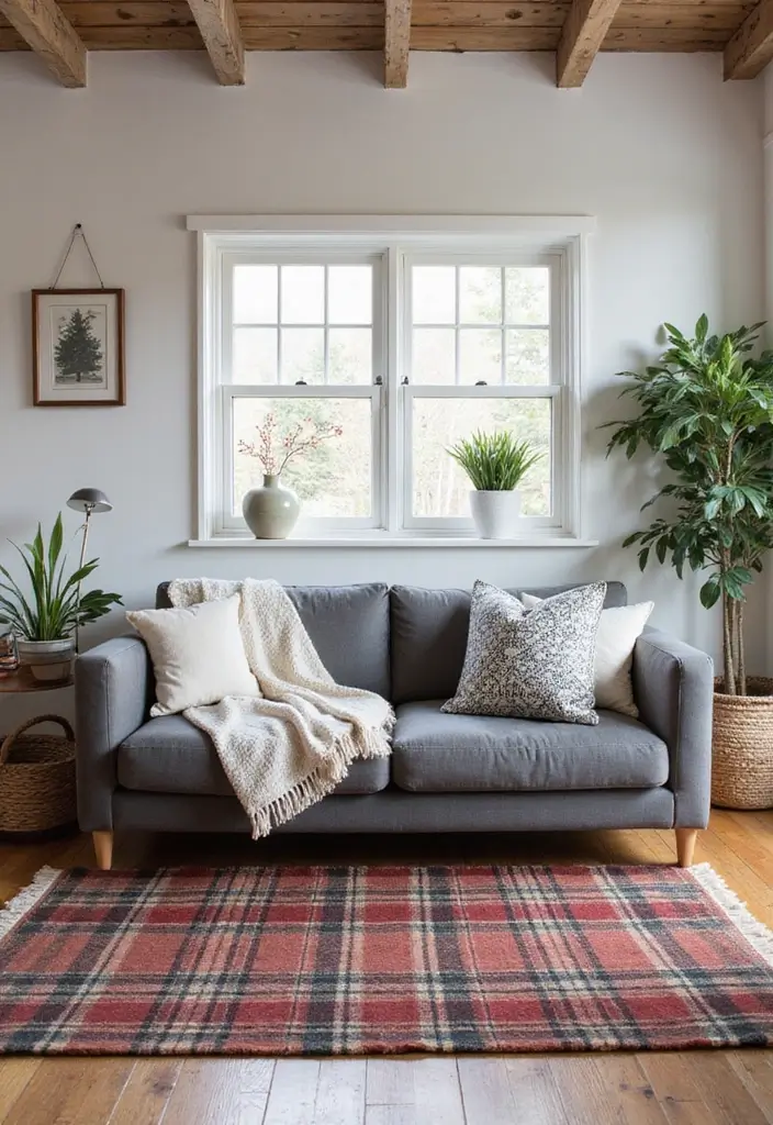 28 Living Room Rugs With Grey Couch Ideas That Feel Warm and Balanced - 18. Rustic Farmhouse Style