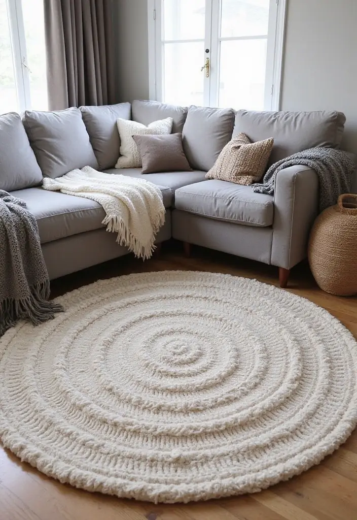 28 Living Room Rugs With Grey Couch Ideas That Feel Warm and Balanced - 19. Soft Knitted Rugs