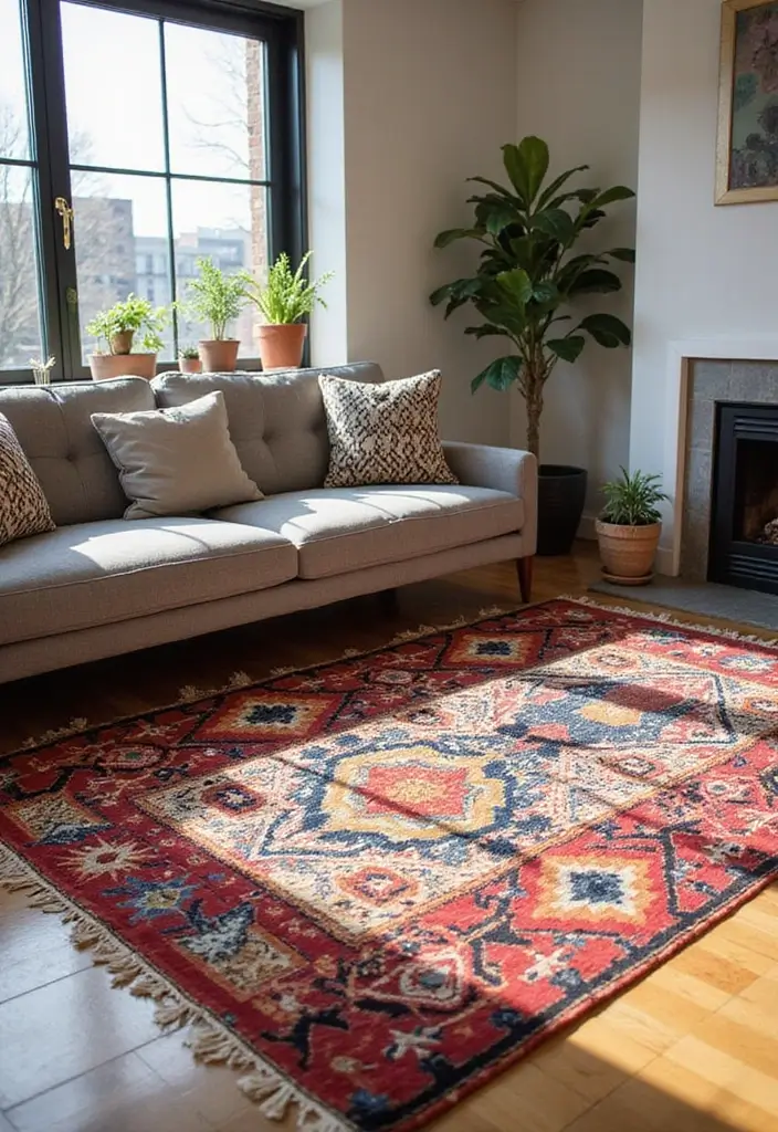 28 Living Room Rugs With Grey Couch Ideas That Feel Warm and Balanced - 2. Vibrant Tribal Designs