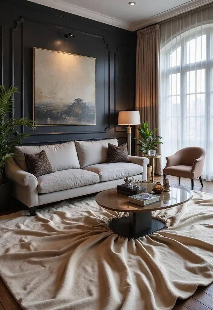 28 Living Room Rugs With Grey Couch Ideas That Feel Warm and Balanced - 20. Elegant Silk Rugs