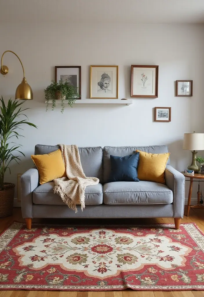 28 Living Room Rugs With Grey Couch Ideas That Feel Warm and Balanced - 21. Retro Patterns