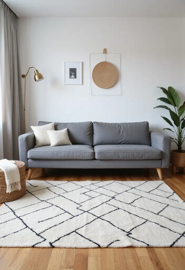 28 Living Room Rugs With Grey Couch Ideas That Feel Warm and Balanced - 22. Modern Geometrics