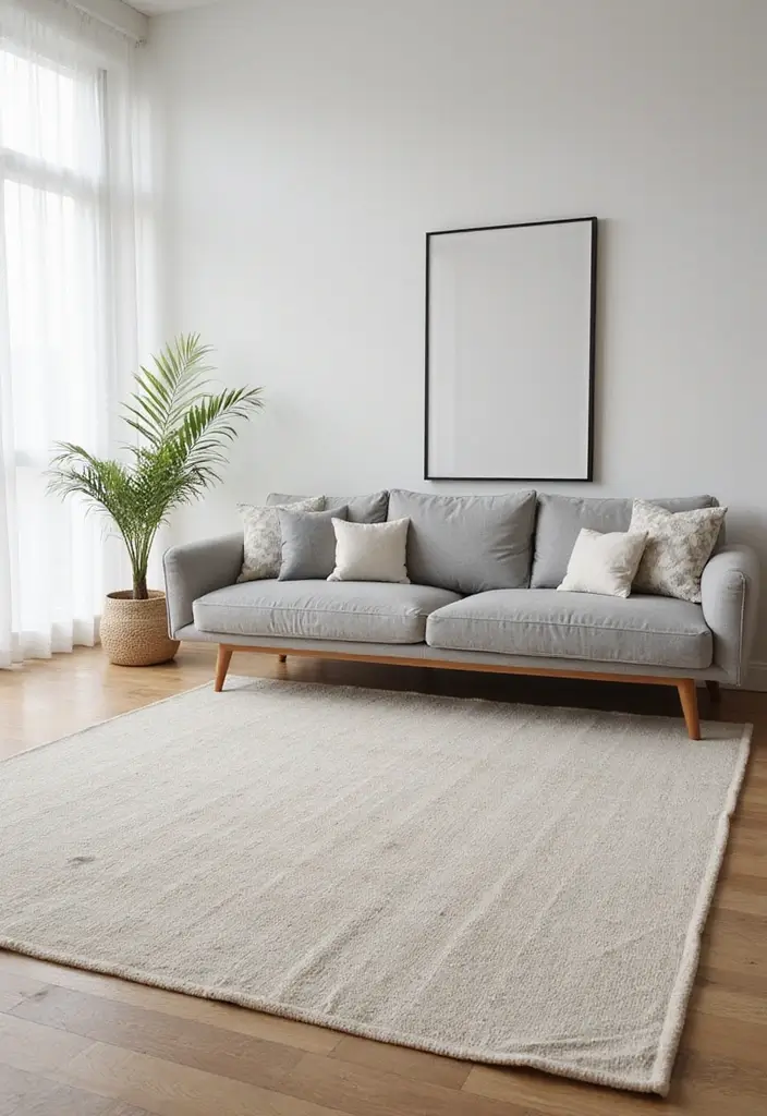 28 Living Room Rugs With Grey Couch Ideas That Feel Warm and Balanced - 23. Soft Linen Rugs